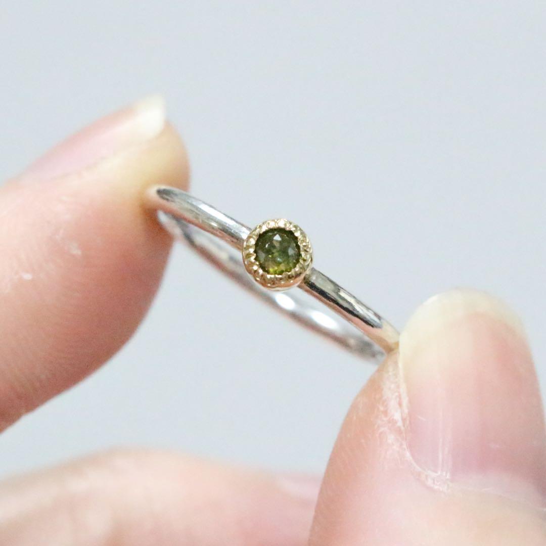 ローズカットのトリートモスグリーンダイヤモンドK10シルバーリング11号