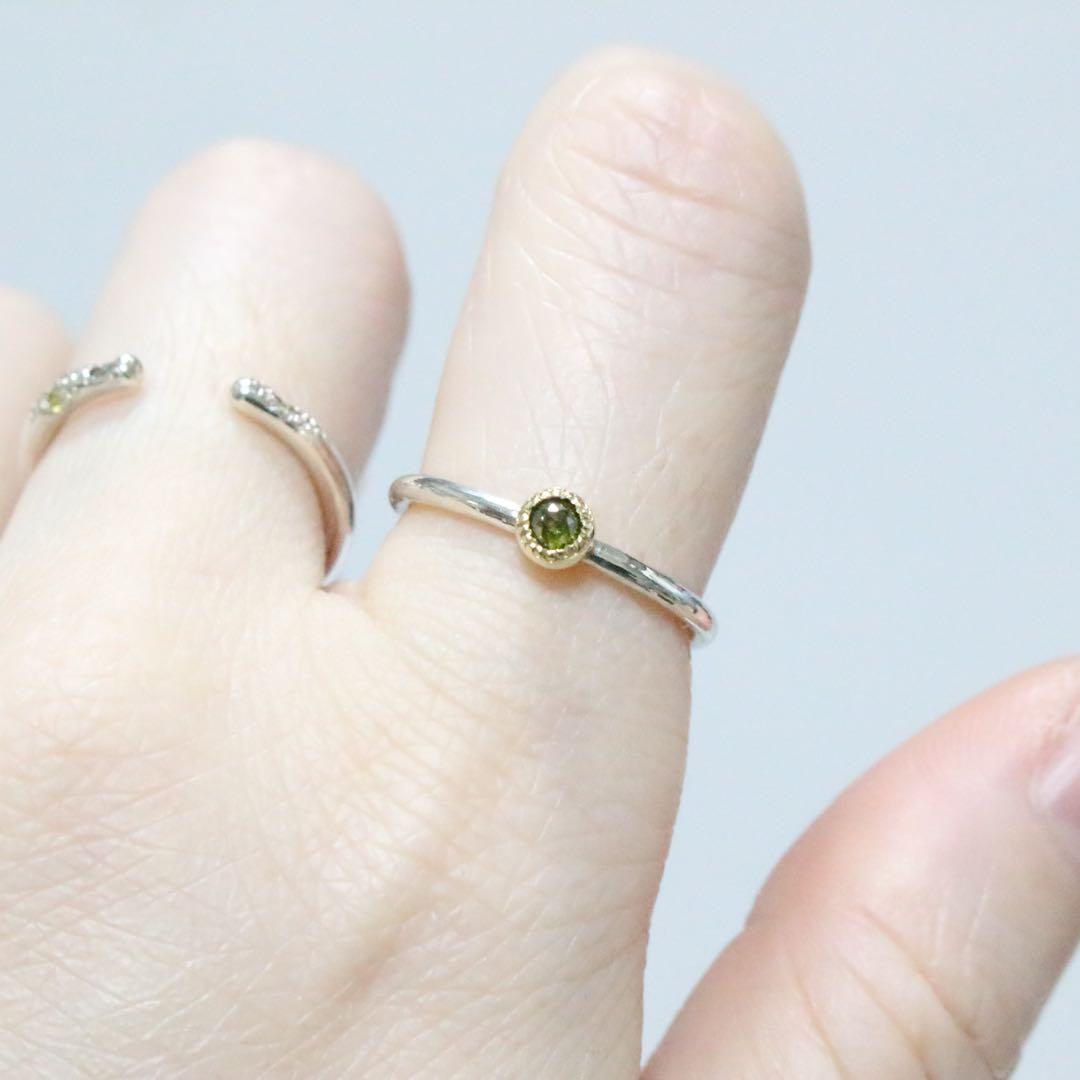 ローズカットのトリートモスグリーンダイヤモンドK10シルバーリング11号