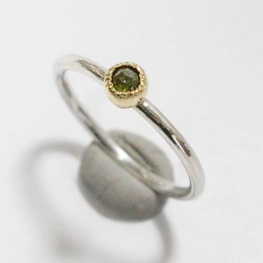 ローズカットのトリートモスグリーンダイヤモンドK10シルバーリング11号