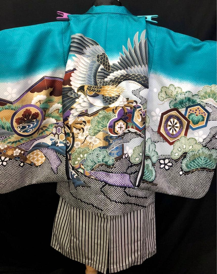 七五三　5歳　男の子　日本製　刺繍　絞り柄　羽織　着物　袴　セット　男児　五歳