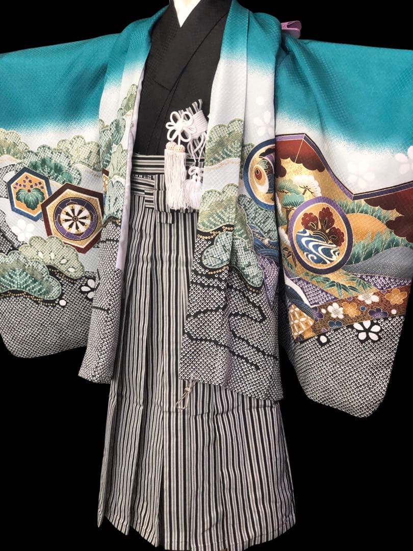 七五三　5歳　男の子　日本製　刺繍　絞り柄　羽織　着物　袴　セット　男児　五歳