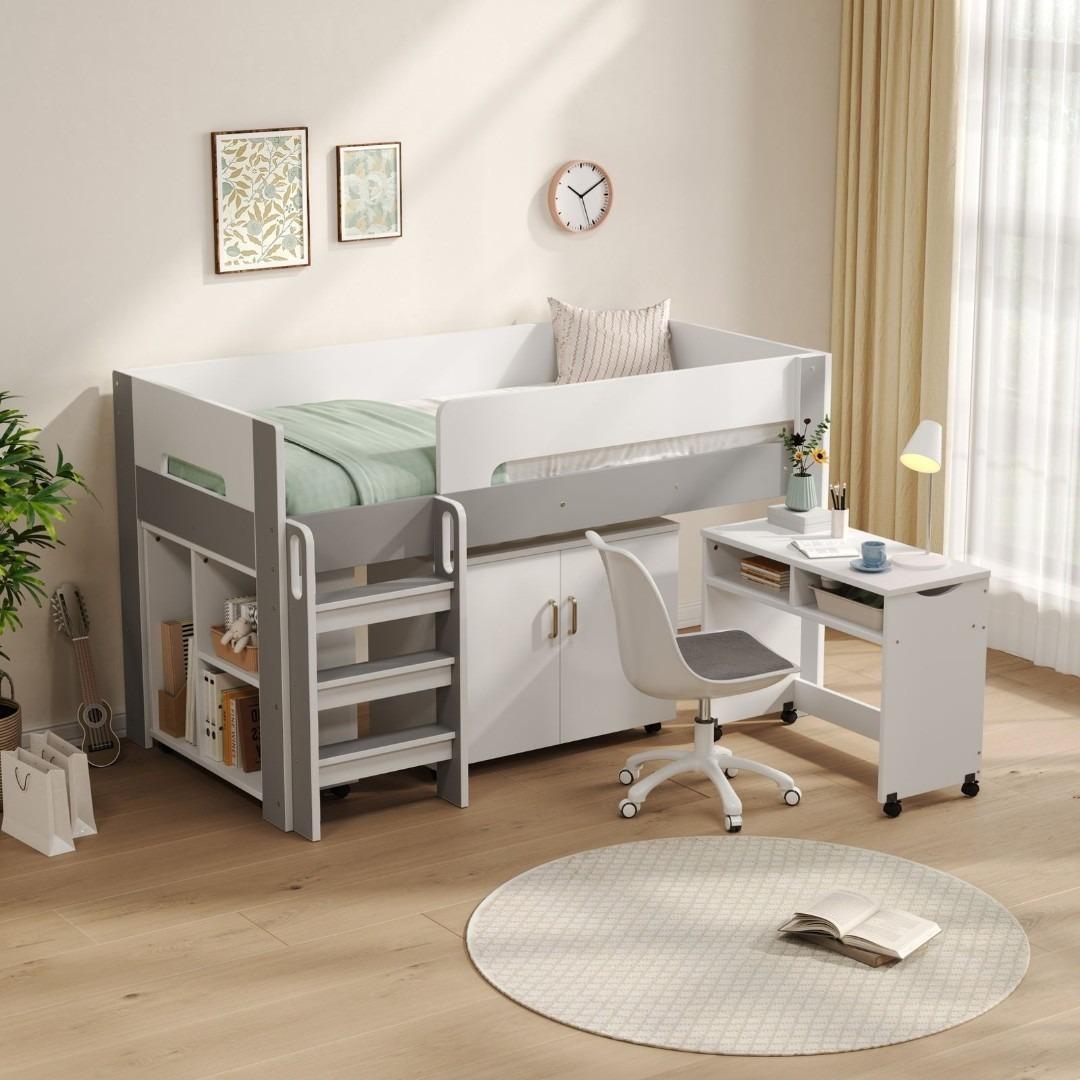 システムベッド ロフトベッド 階段付き 木製 本棚 机付き 学習机 シングル