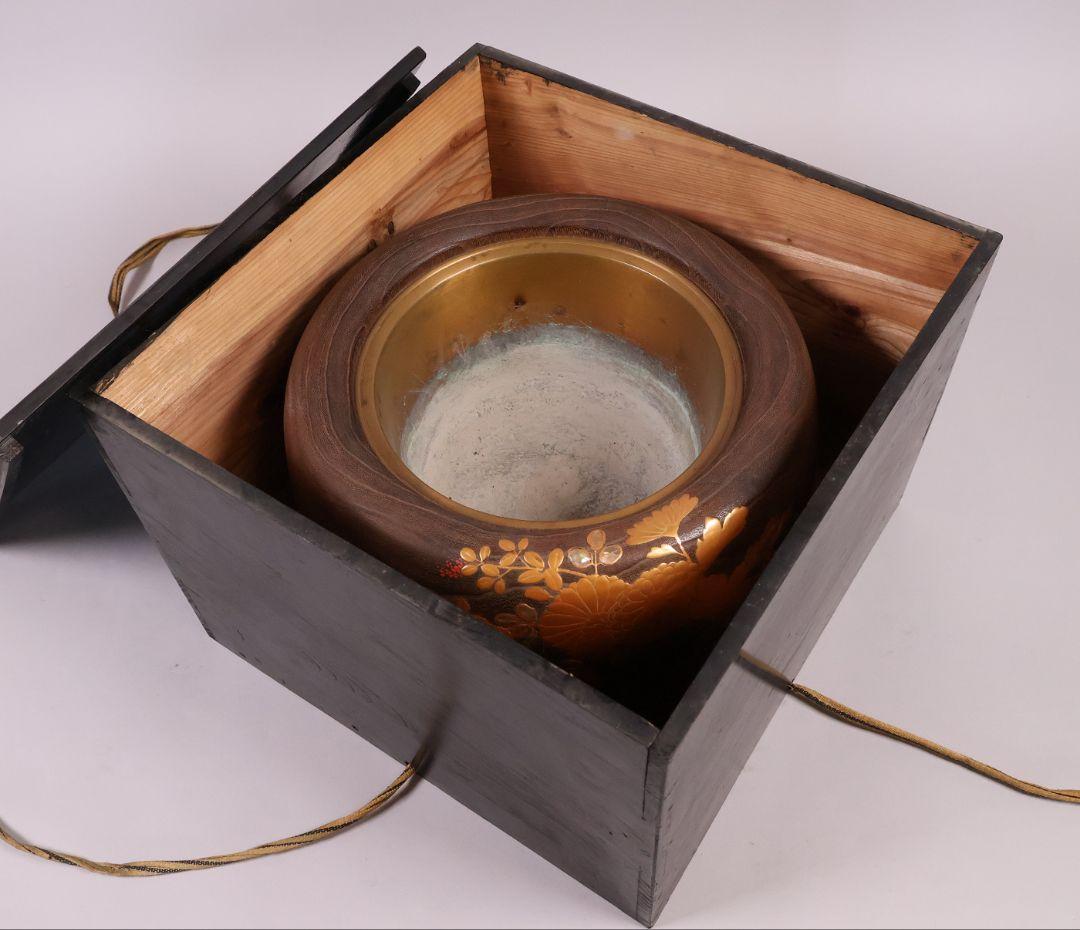 花鳥蒔絵 螺鈿細工 桐火鉢 幅31cm 高20cm 金蒔絵 漆芸 草花【MB68