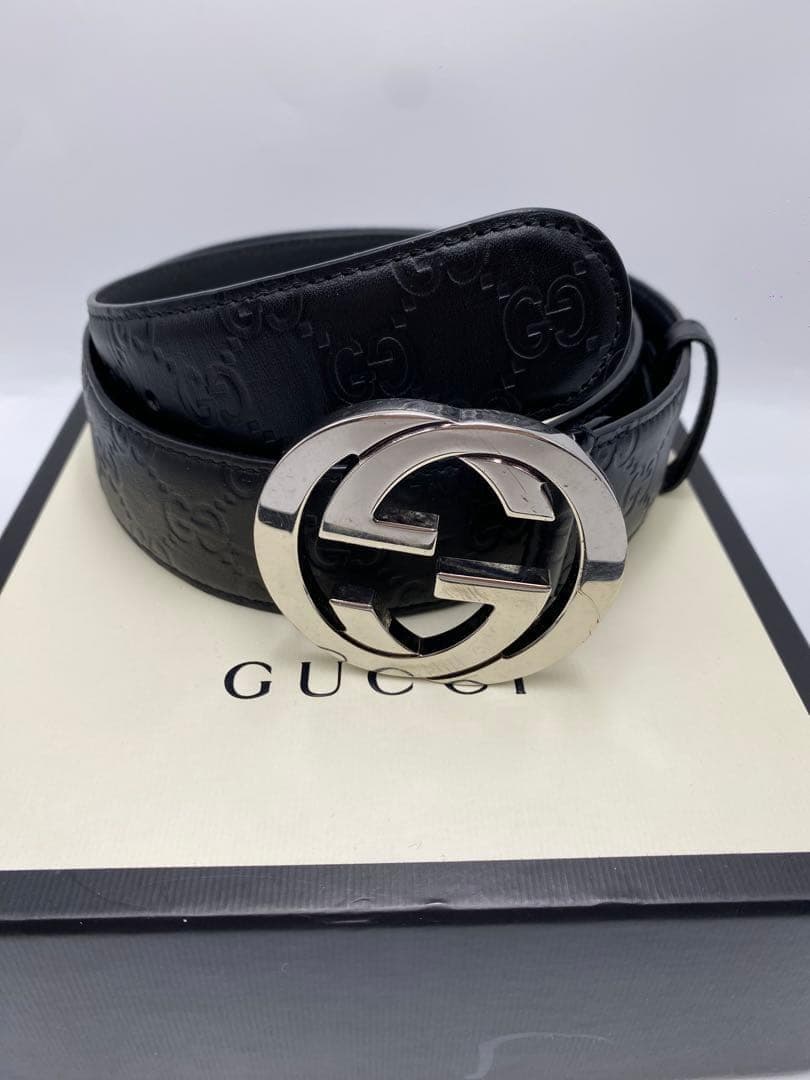 【極美品】GUCCI　インターロッキング シマ　GG　ベルト　ブラックレザー95