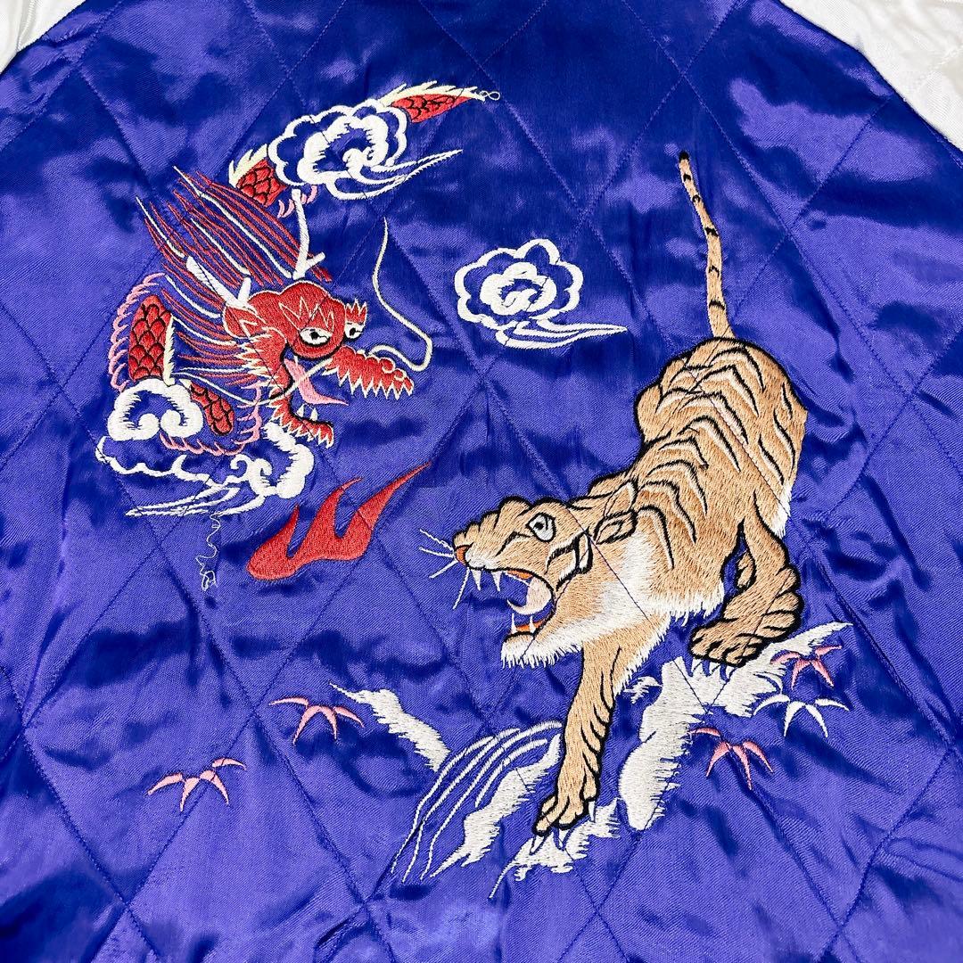 WAREHOUSE 別珍 スカジャン 鷹×虎×龍 刺繍 リバーシブル 黒×青