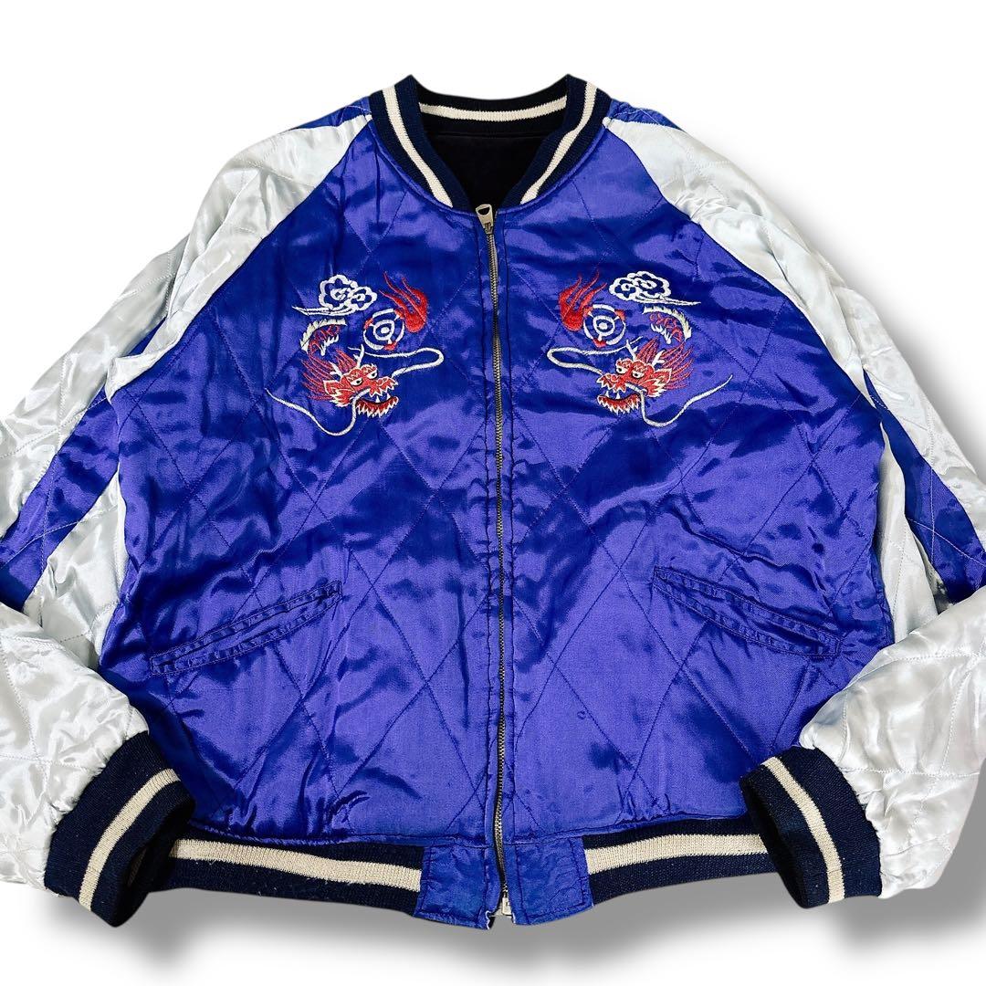 WAREHOUSE 別珍 スカジャン 鷹×虎×龍 刺繍 リバーシブル 黒×青