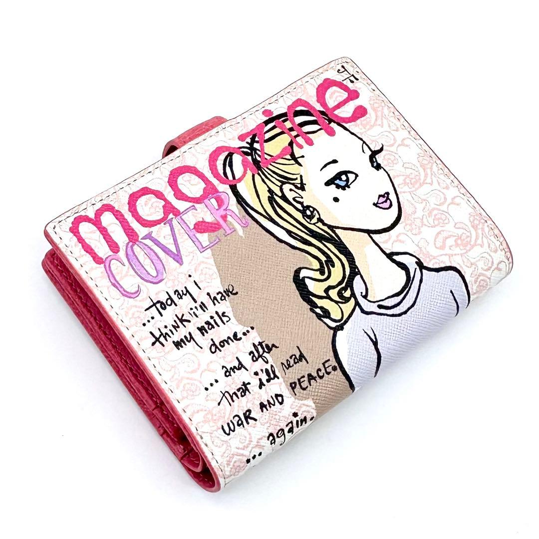 未使用✨ジェフリーフルビマーリ 二つ折り財布 レザー 女の子イラスト ピンク系