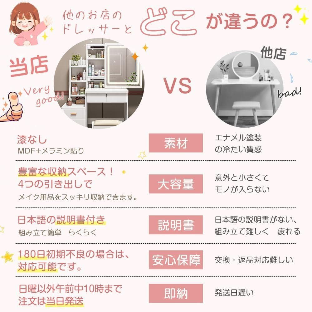 【未使用・美品・即日発送】ドレッサー・鏡台 LEDライト付 収納付き EJ