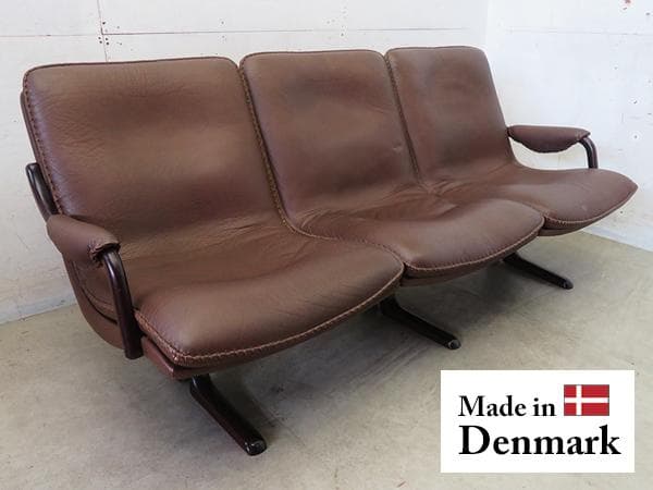 美品■デンマーク■ｃ/ベルグ社■総革■ローズウッド■北欧■3人掛けソファ■