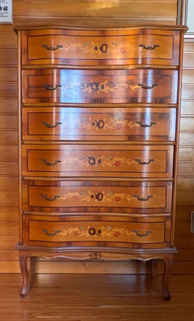 イタリア製 象嵌細工猫足 木製 6段チェスト