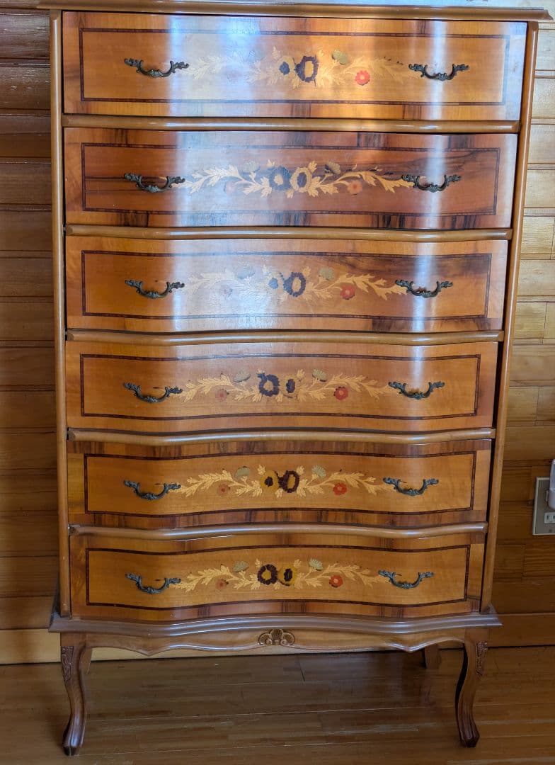 イタリア製 象嵌細工猫足 木製 6段チェスト