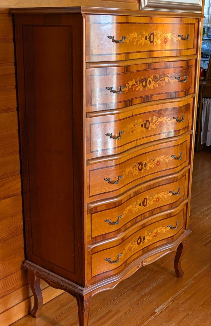 イタリア製 象嵌細工猫足 木製 6段チェスト