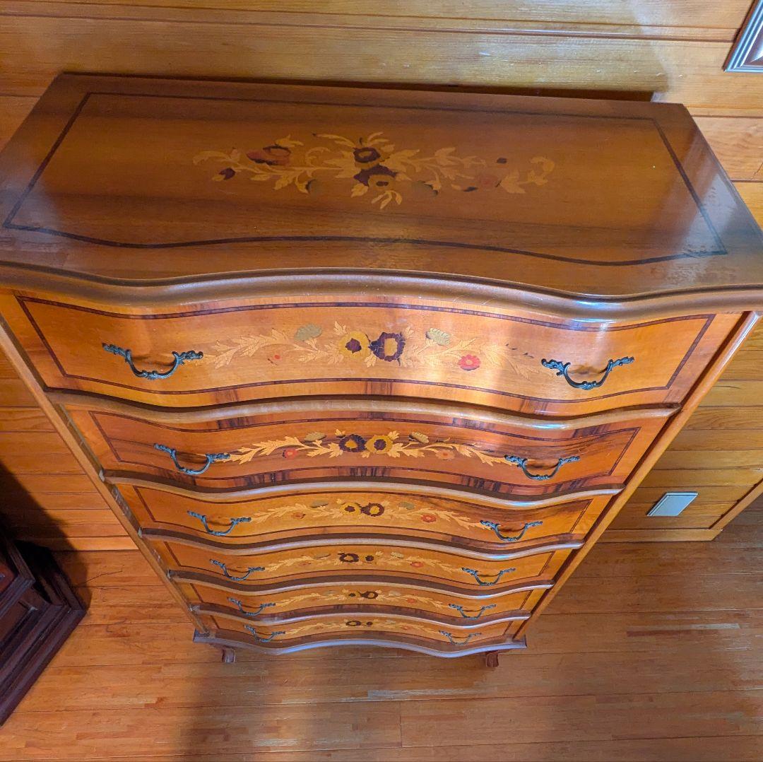 イタリア製 象嵌細工猫足 木製 6段チェスト