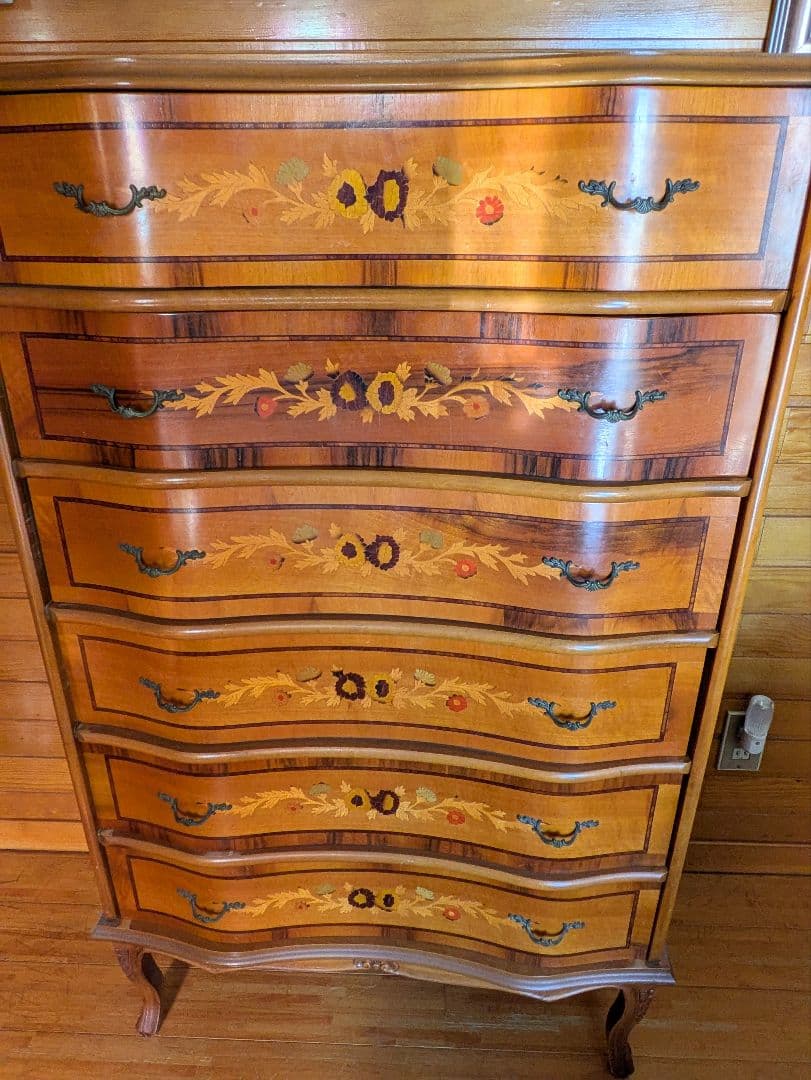 イタリア製 象嵌細工猫足 木製 6段チェスト