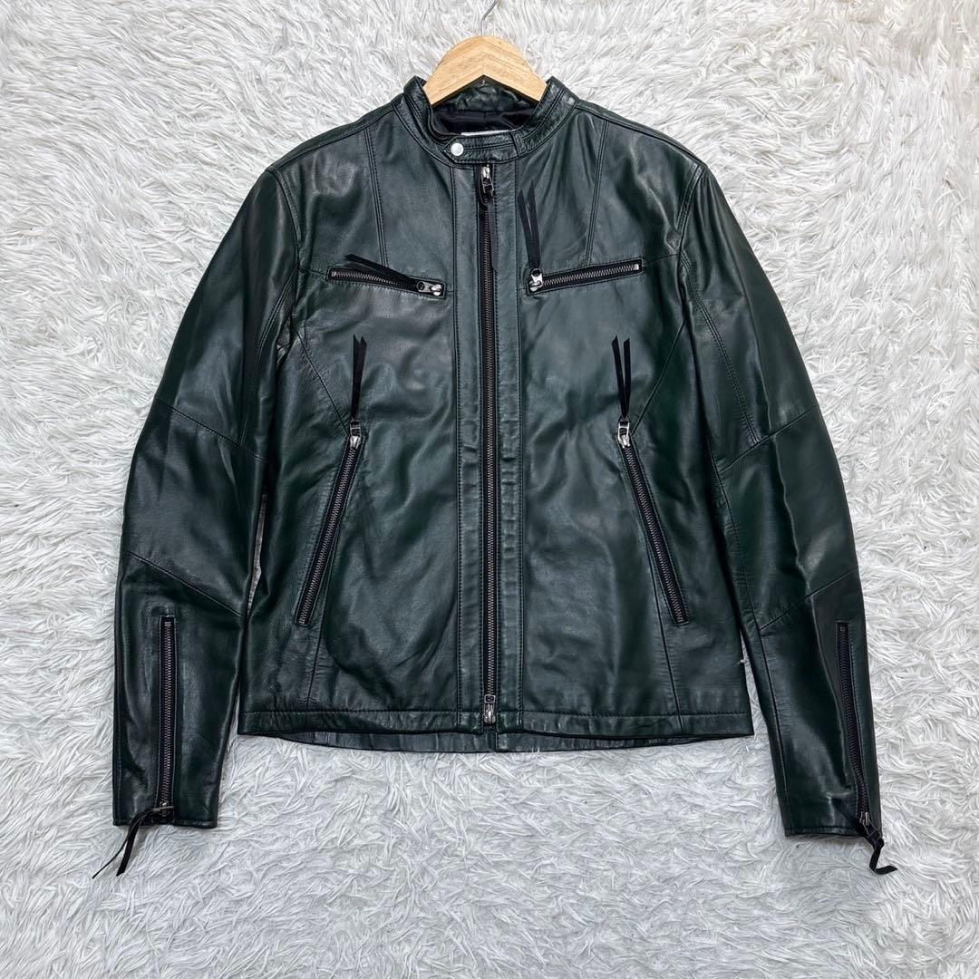 メンズビギ ライダース レザージャケット XL グリーン シングル 羊革