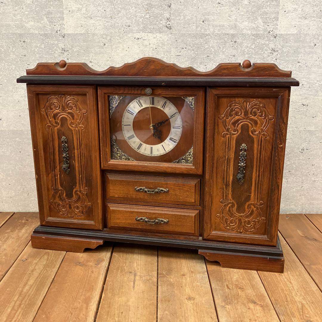 ジャンク品 アンティーク 木製 引き出し付 置時計 ジュエリーボックス 小物入れ