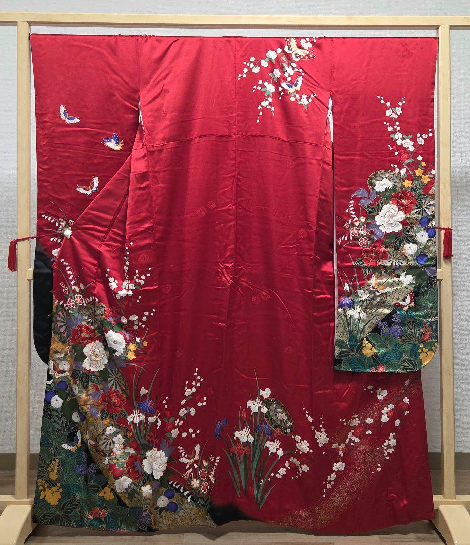 D2 振袖・襦袢セット牡丹の花 金彩 金駒刺繍 袷 正絹 成人式 着物