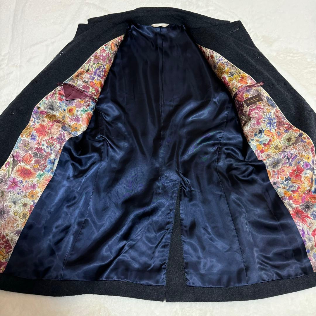 【美品】ポールスミス　ステンカラーコート　ミンク・カシミヤ混　花柄　ネイビー　M