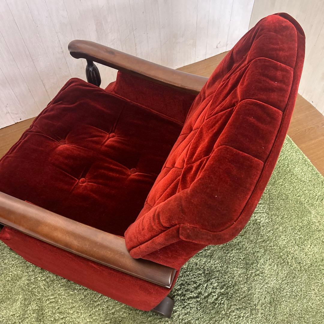 ②昭和レトロ 古家具 一人掛けベロアソファー アームチェア ヴィンテージ 赤
