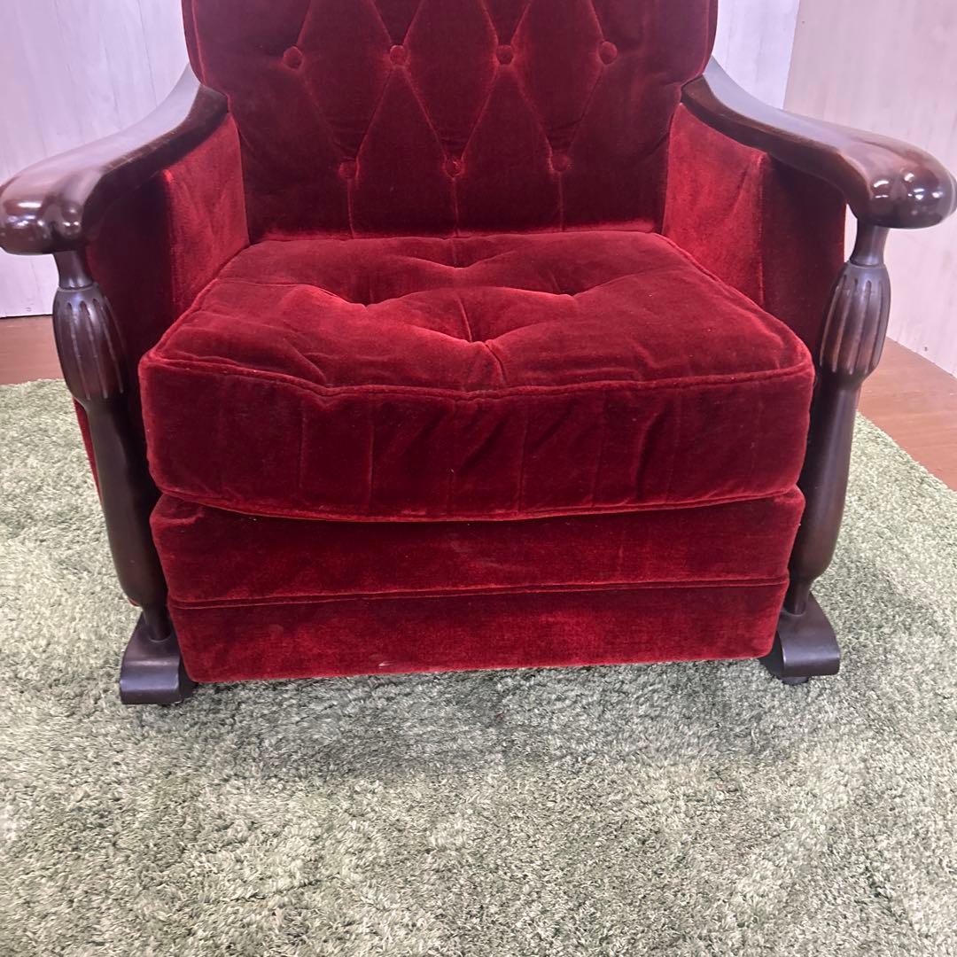 ②昭和レトロ 古家具 一人掛けベロアソファー アームチェア ヴィンテージ 赤