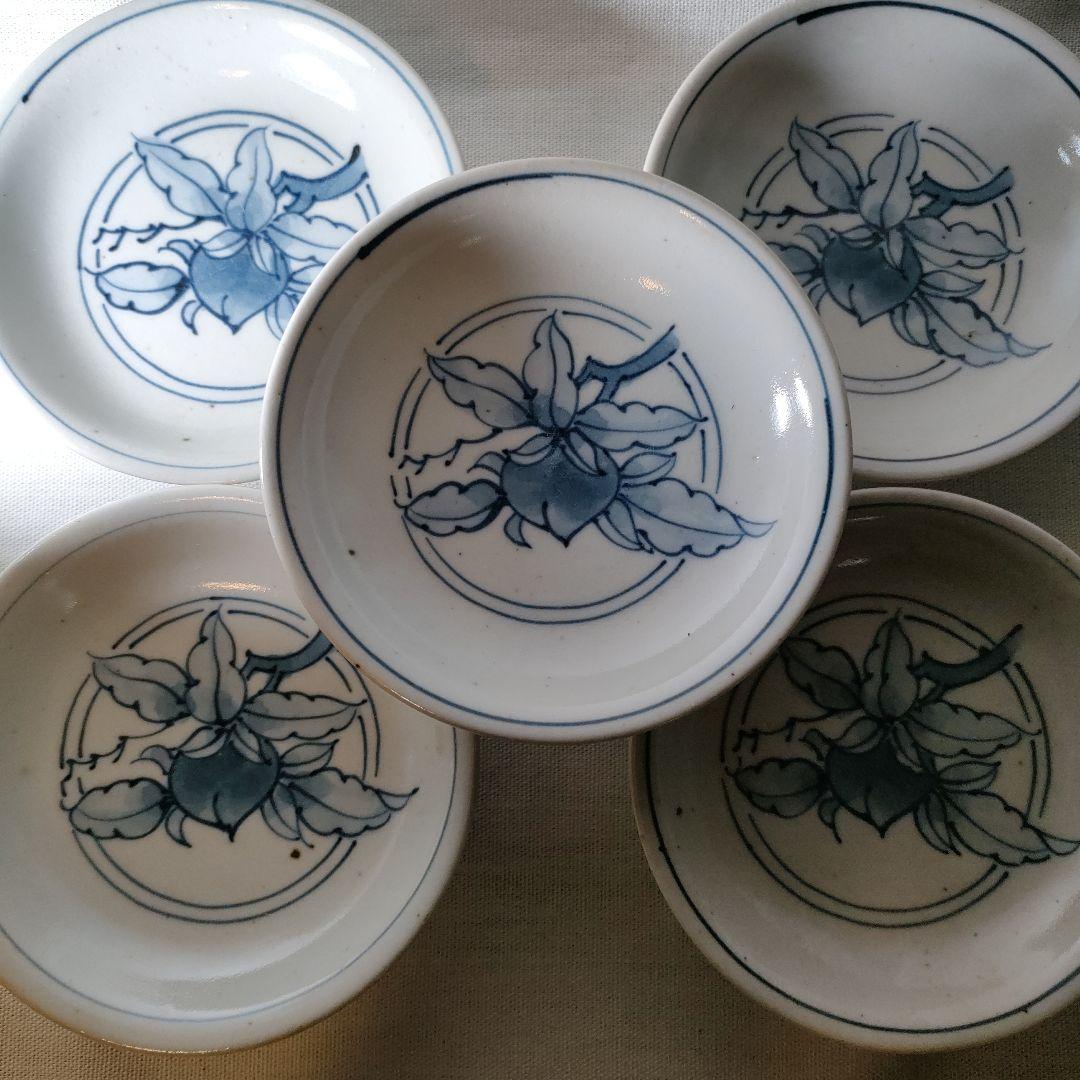 五代 佐藤走波 染付 桃絵　小皿深皿5枚