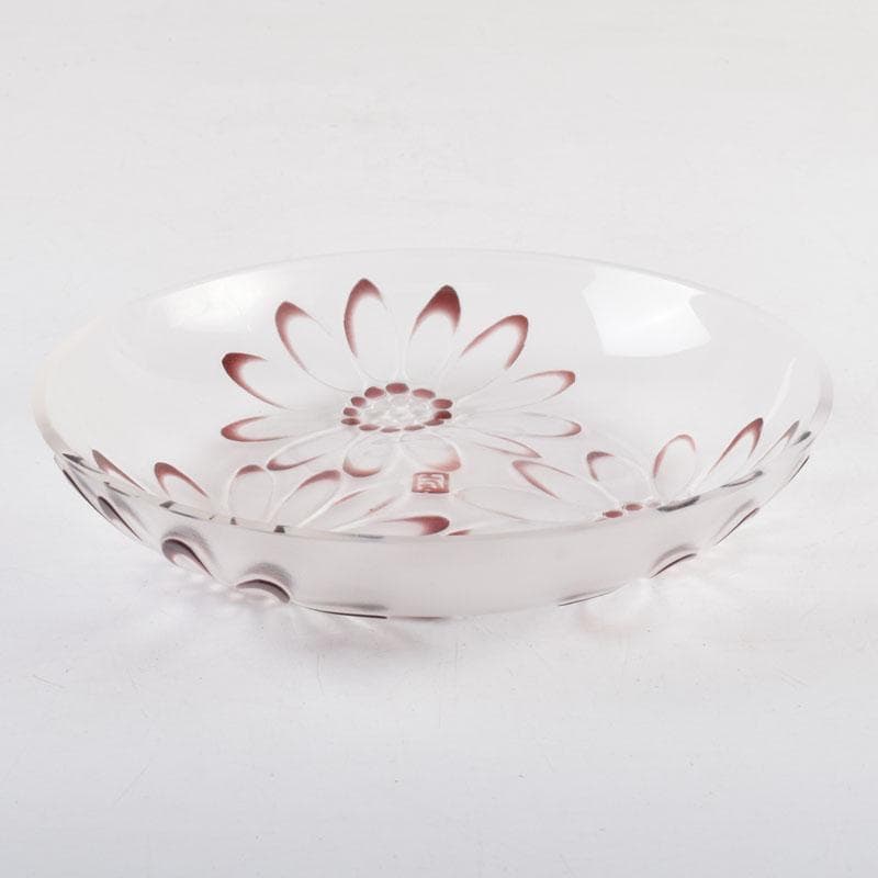 ガラス工芸　荒木良忠作　玻璃彫刻　銅赤花ノ輪文皿　共箱　C　9155