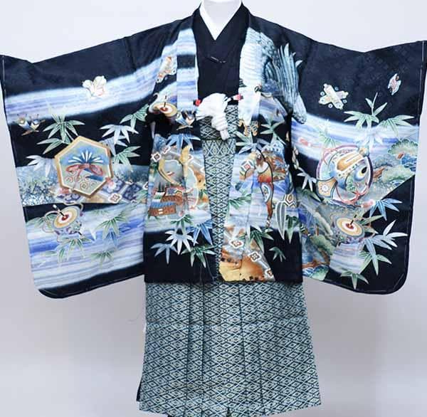 七五三 五歳 男児 羽織袴フルセット 金刺繍 黒地 鷹 袴変更可 NO37665
