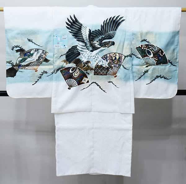 七五三 五歳 男児 羽織・着物・襦袢3点セット 金刺繍 白地 鷹 お仕立て無料