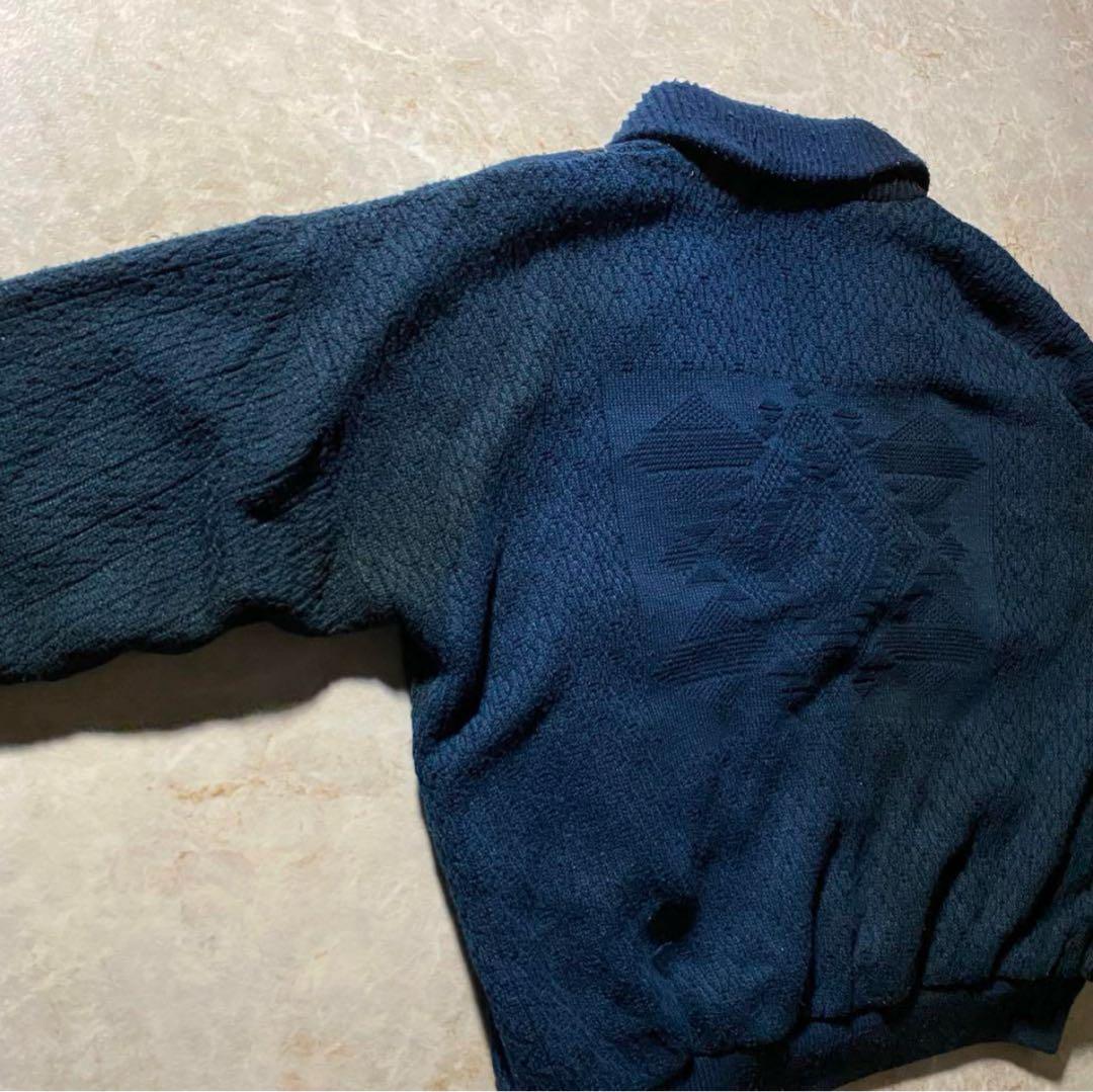 ショールカラーカーディガンL古着フェードネイビー古着レザーユーロ当時物レア一点物