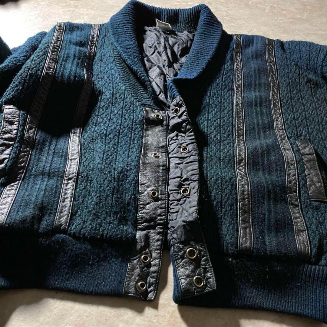 ショールカラーカーディガンL古着フェードネイビー古着レザーユーロ当時物レア一点物