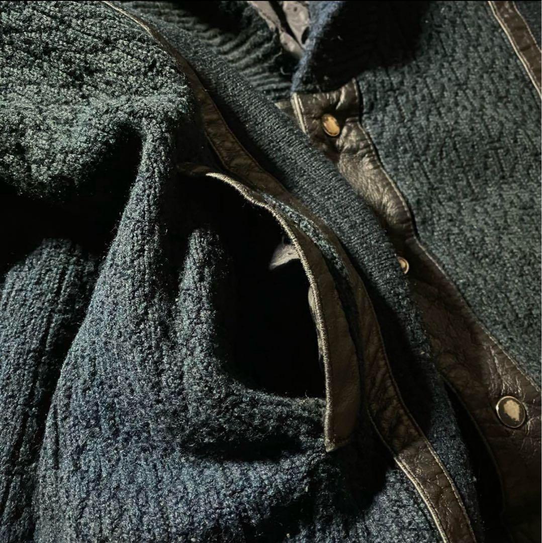 ショールカラーカーディガンL古着フェードネイビー古着レザーユーロ当時物レア一点物