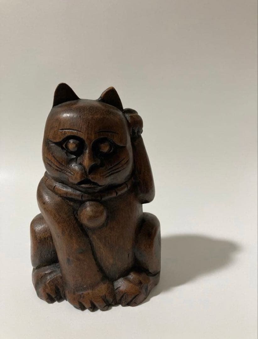 木製 竹根彫刻 招き猫の置物 民芸・縁起物・木彫り