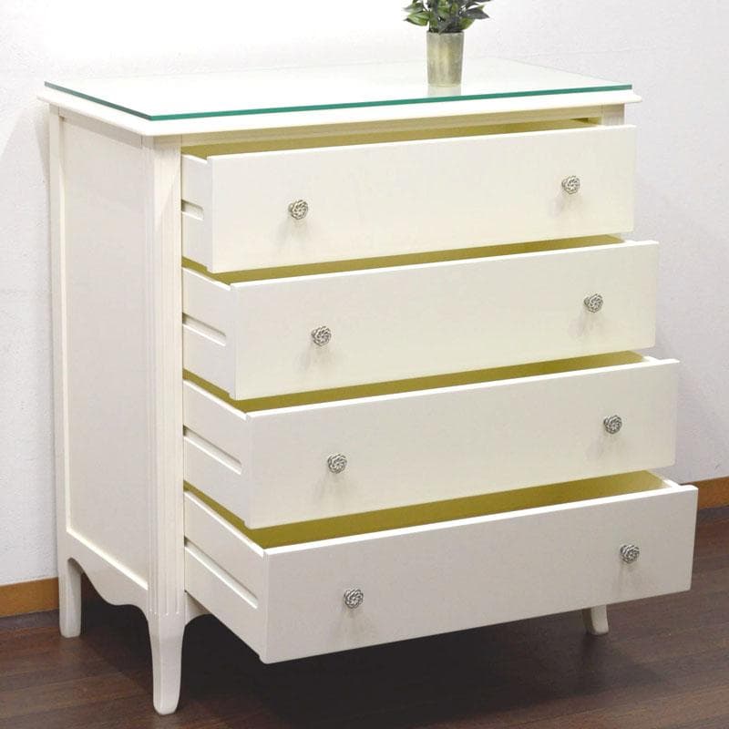 アイボリー 高級 4段チェスト 完成品 8mm天板ガラス付 チェスト 寝室 猫脚