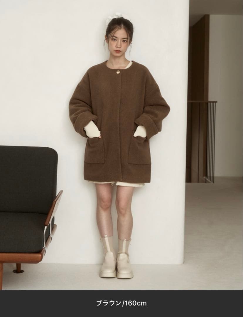 moi tytto ノーカラーボアミドルコート ブラウン