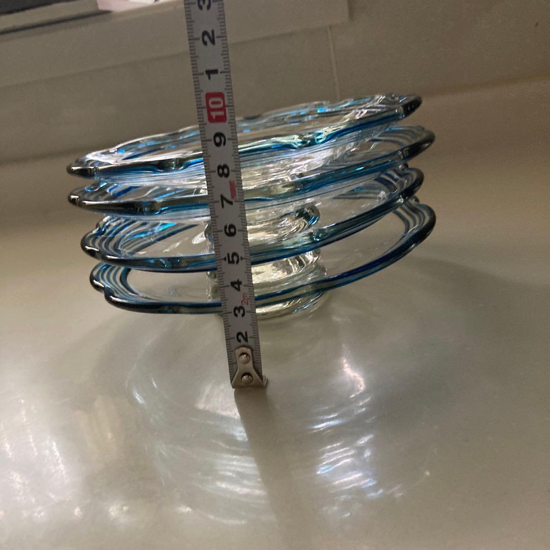 舩木倭帆(フナキ　シズホ)吹きガラス　線巻波型縁飾り皿　4枚直径約16cm