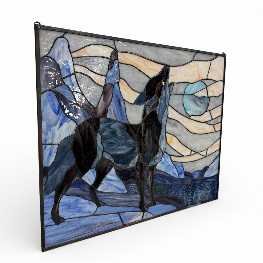 【幅61.5㎝】【希少】大型 ステンドグラス 狼と月 遠吠え 壁掛け パネル