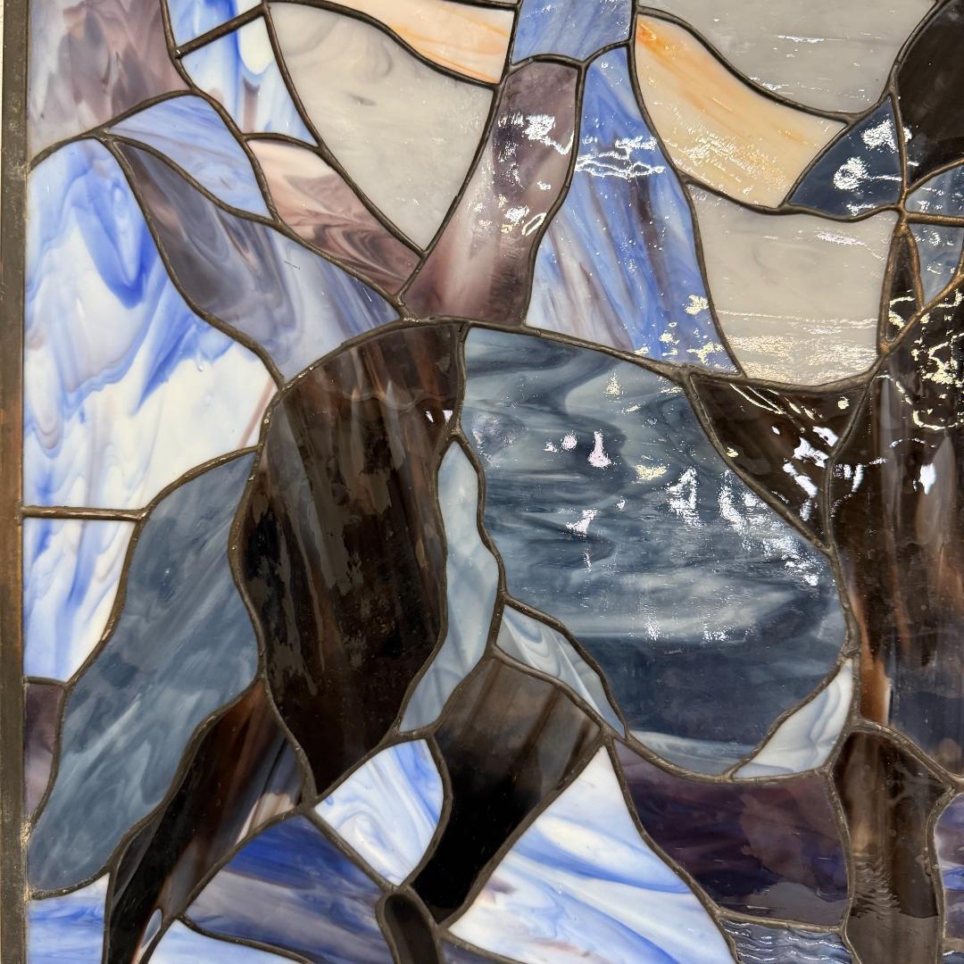 【幅61.5㎝】【希少】大型 ステンドグラス 狼と月 遠吠え 壁掛け パネル