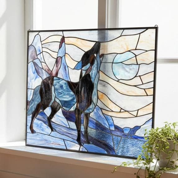 【幅61.5㎝】【希少】大型 ステンドグラス 狼と月 遠吠え 壁掛け パネル