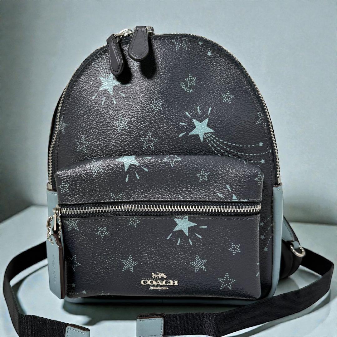 希少✨コーチ リュック ミニチャーリー 星柄 ネイビー レザー バイカラー