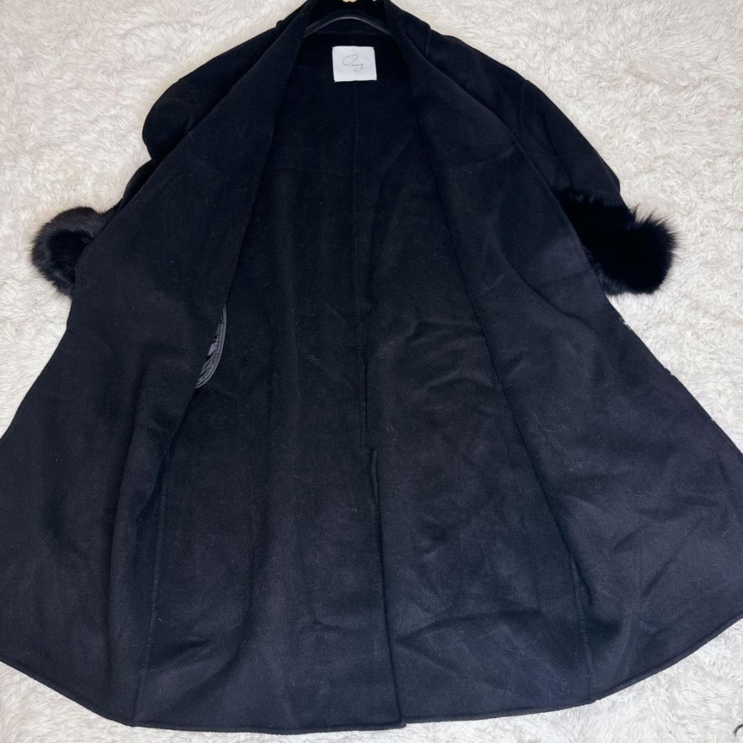 QUNG クン ドロップショルダーファーロングコート 黒 カシミヤ ウール