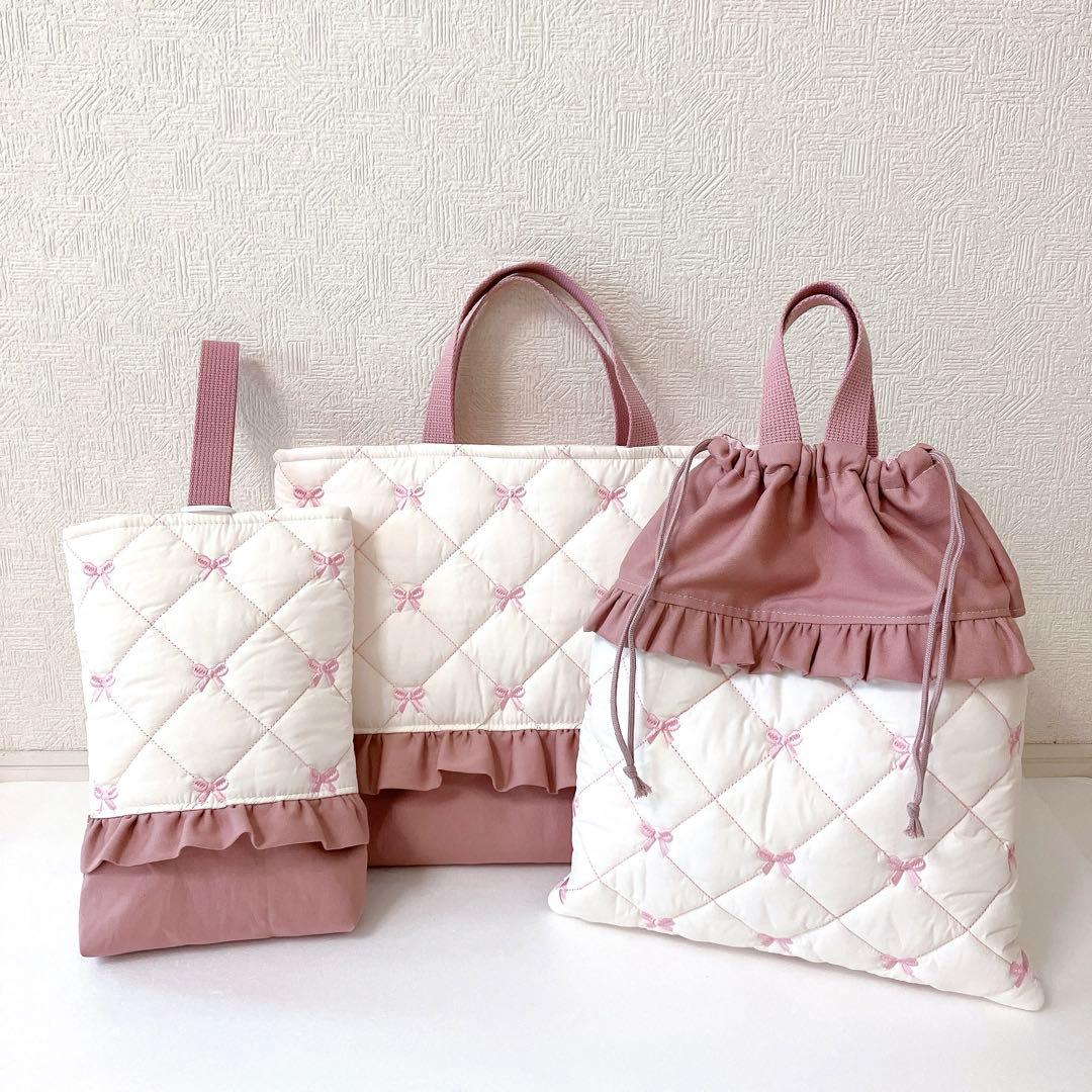 レッスンバッグ 上履き入れ　体操服袋　リボンキルト　韓国生地