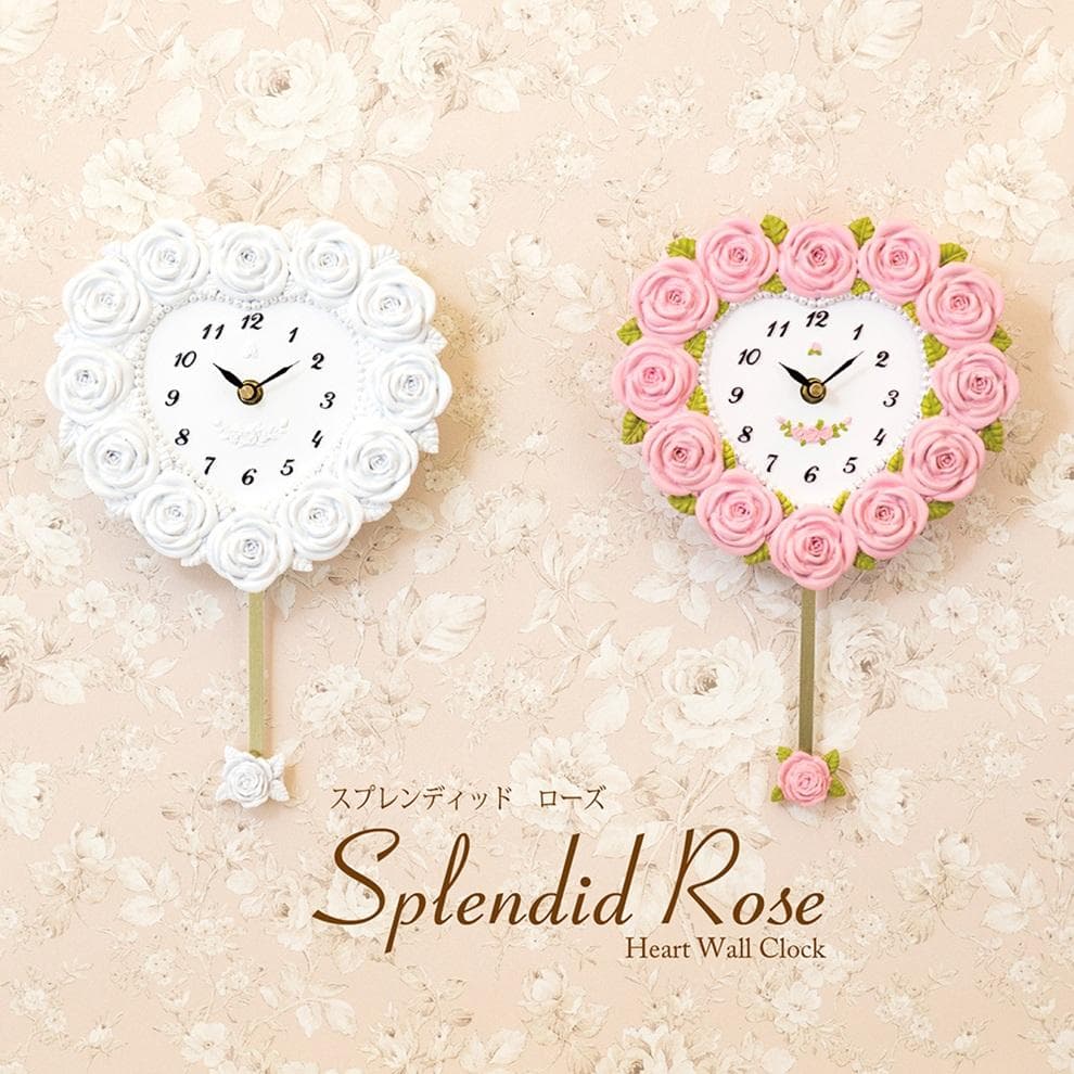 薔薇＆ハート 振り子時計 ラブリー 掛け時計 インテリア バラ ピンク