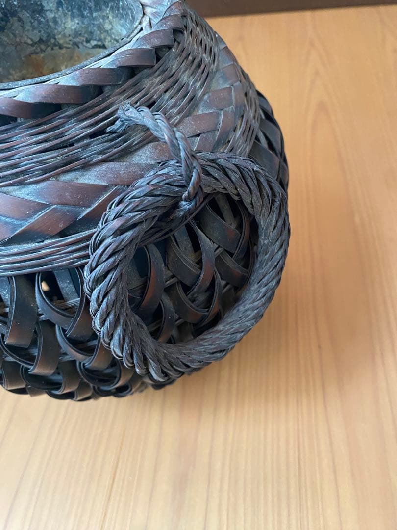 華道具 祥鳳作 遊環付 双耳 竹編花籠