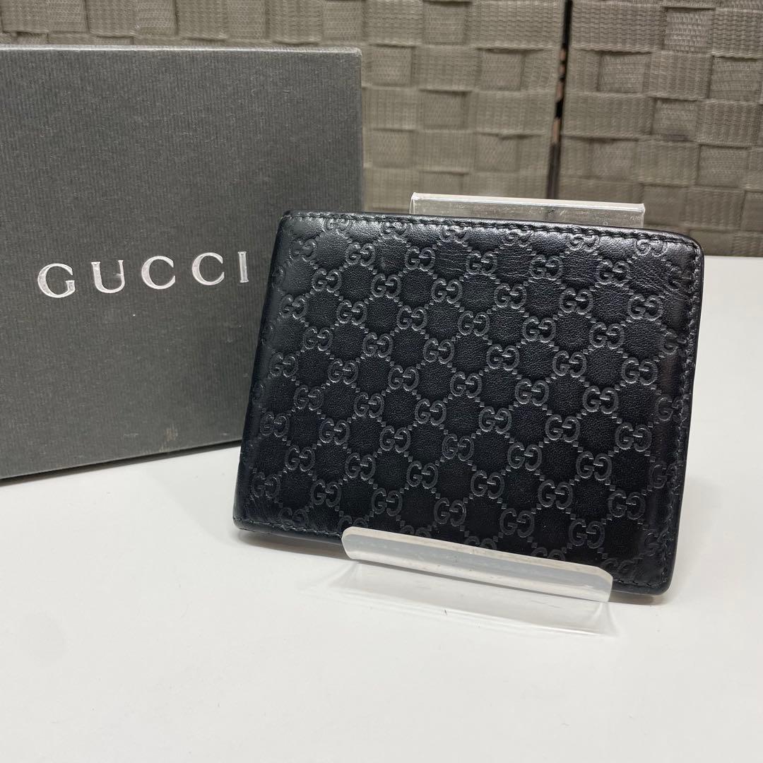 プ*丼様 GUCCI マイクログッチシマ　ブラックレザー 二つ折り札入れ