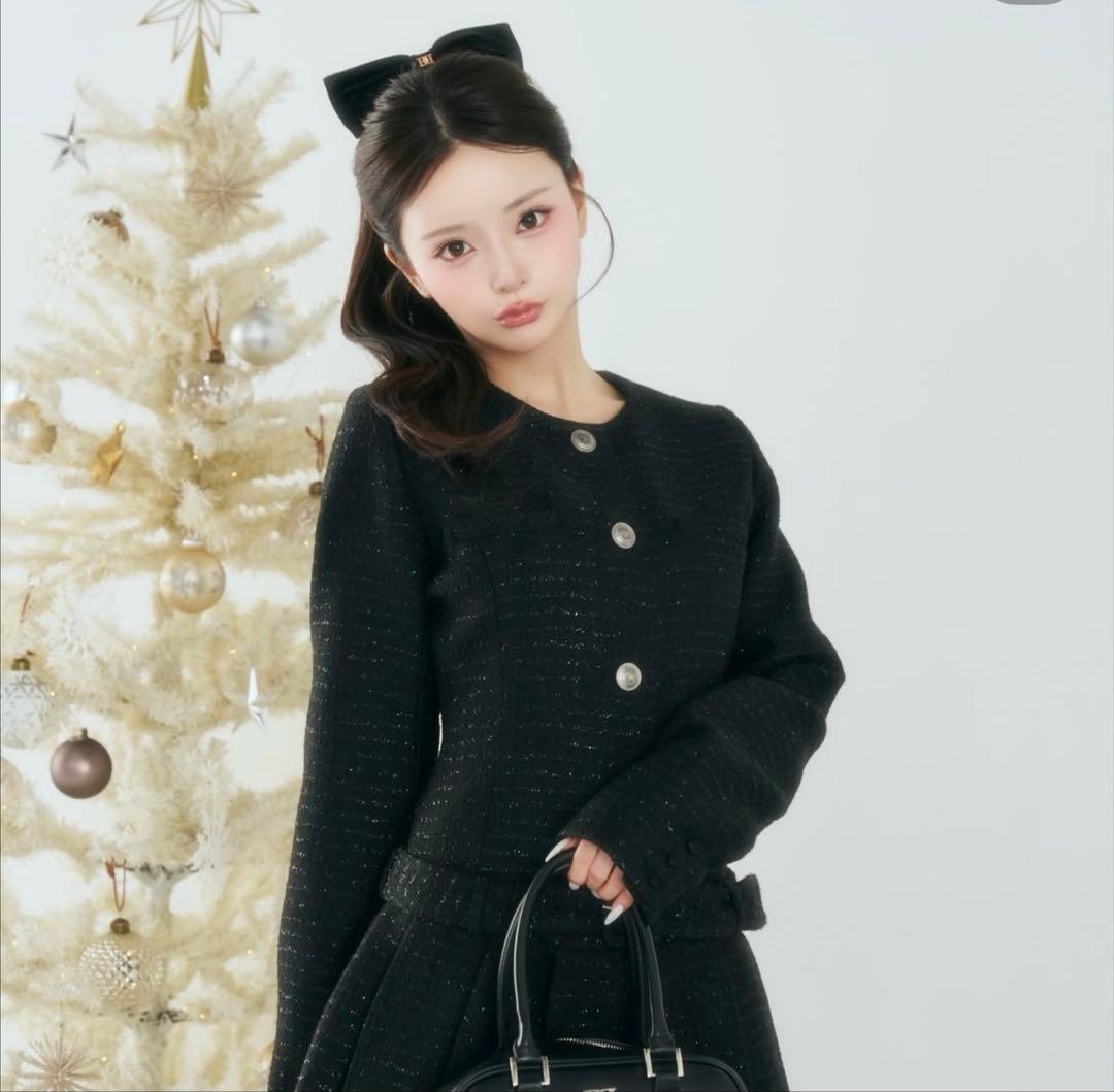 darich ボックスプリーツツイードミニワンピース　BLK