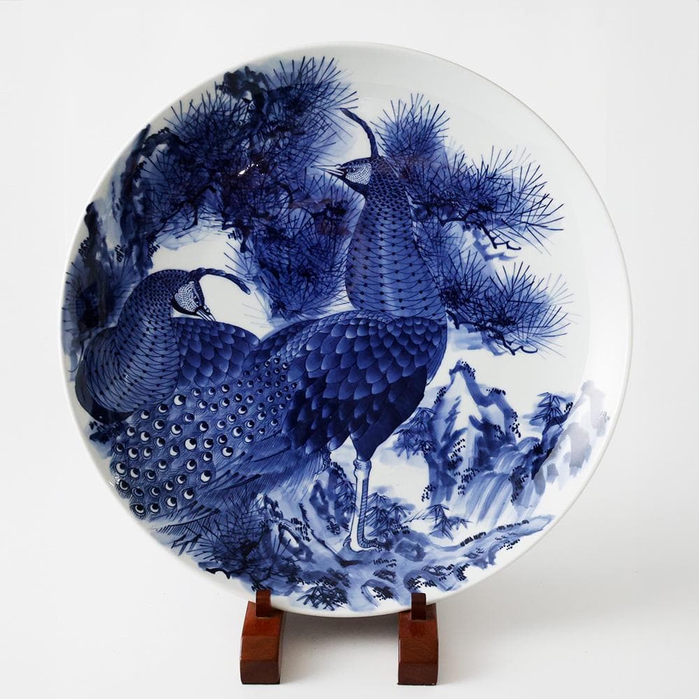華山作 1尺5寸 染付 大皿 松 双雉図 飾皿 床の間飾 45㎝ 縁起物