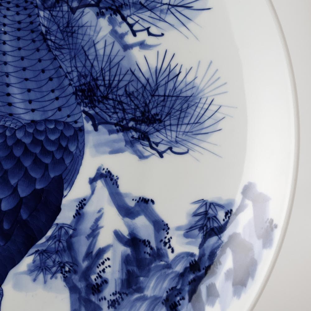 華山作 1尺5寸 染付 大皿 松 双雉図 飾皿 床の間飾 45㎝ 縁起物