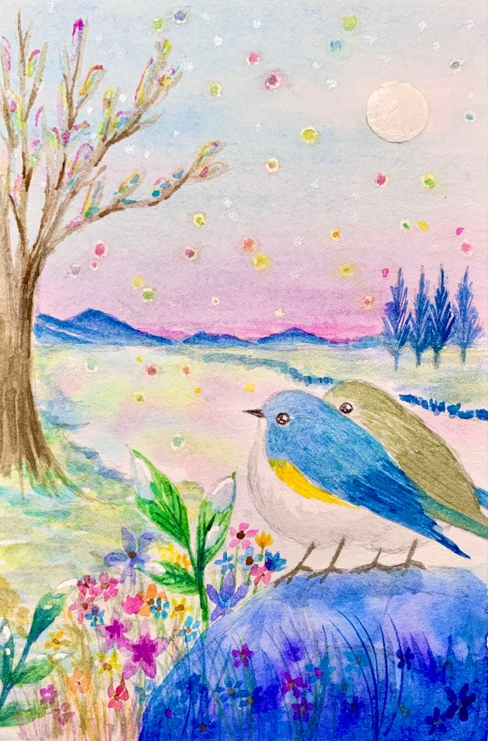 ♡たまみな♡水彩画　雪の日のルリビタキ　値段は※900円です