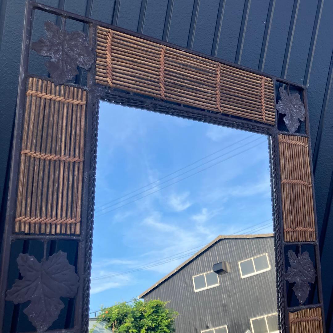 アンティーク アイアンフレーム 葉っぱ柄装飾ミラー 装飾 バンブー 壁掛けミラー