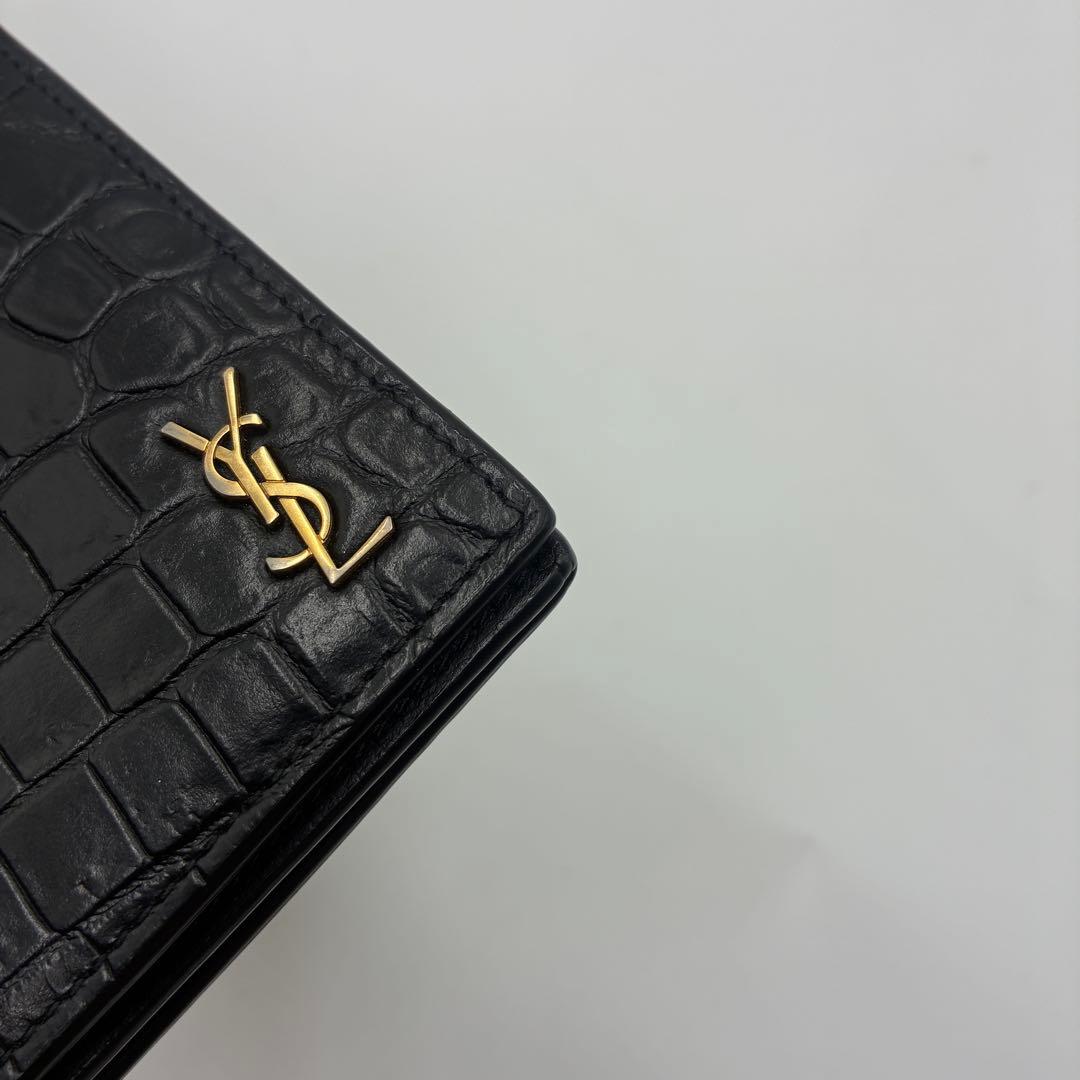 YSL クロコダイル風レザー 長財布 ブラック